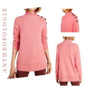 Anthropologie Margarita Tunic Sweater Button Shoulder Coral Pink Pullover Small